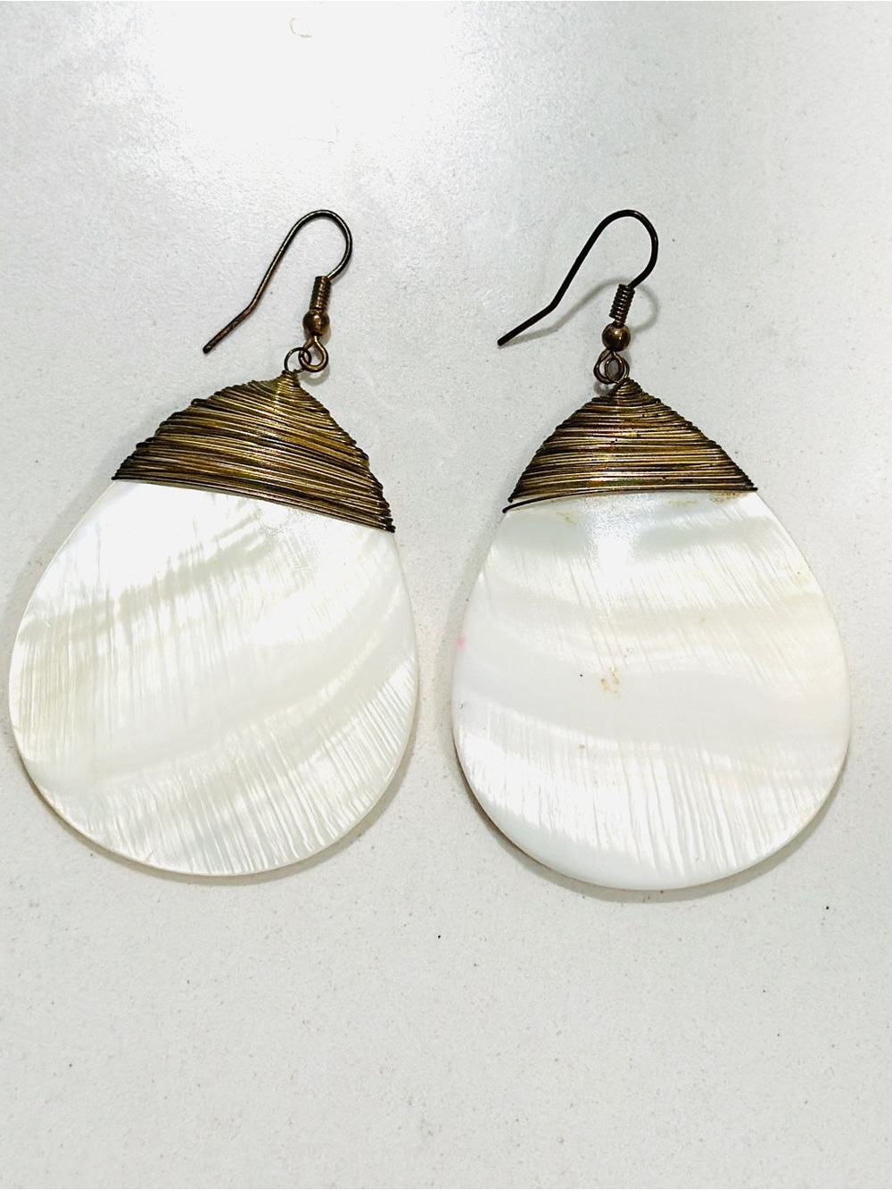 White Shell Teardrop Earrings with Brass Accents